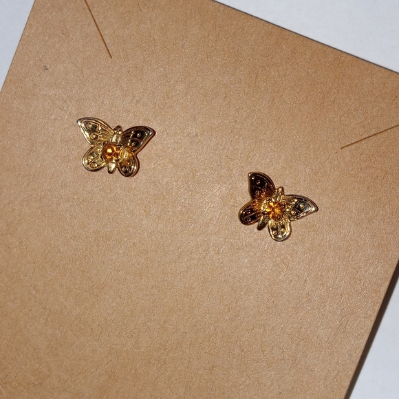 Gold Tone Yellow Citrine Stone Butterfly Post Earrings - Picture 4 of 4